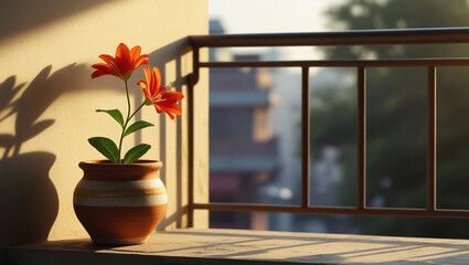 Terracotta Flower Pot with Red Blossoms on Balcony in Morning Light &ndash; Peaceful Urban Scene