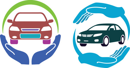 Car insurance concept illustrating protection with hands vector logo graphic design.
