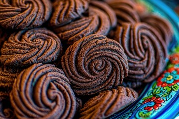 Close-up of dark chocolate cookies.  Many round, swirled cookies fill a blue plate with decorative floral patterns