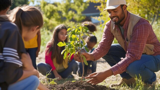 Gardening expert demonstrating proper tree planting technique to students, pointing at root ball while holding sapling 