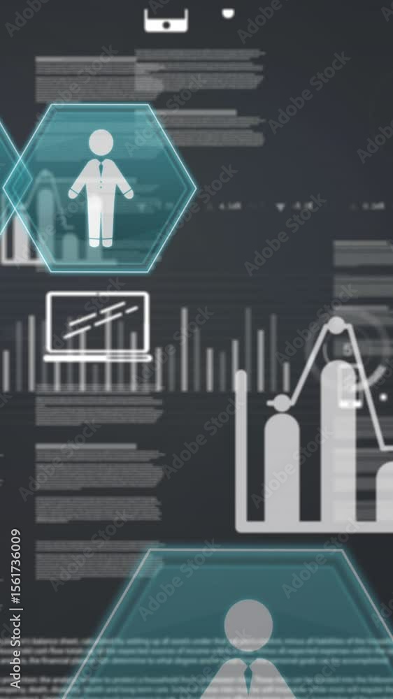 Poster animation of digital icons floating and data processing against light spot on grey background
