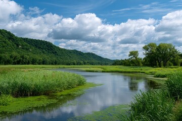 River scene with green vegetation hills and sky with clouds