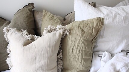 Neutral-toned textured throw pillows with tassels create a cozy and inviting bed arrangement