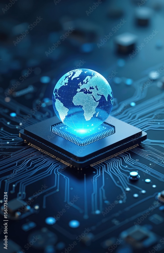 Poster digital globe above computer chip. tech illustration of the internet network. cyber world concept de