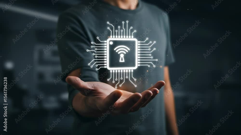Poster ai-powered secure wifi: man holding hologram of chip with wireless symbol - future tech concept