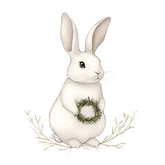 Obraz premium White rabbit holding a small wreath surrounded by grass 