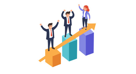 Business team celebrating success on ascending graph with arrows  
