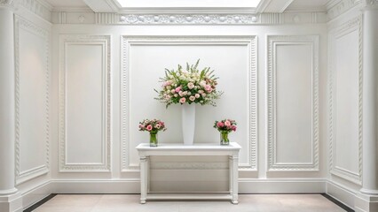 Fototapeta premium Elegant pink rose floral arrangement in ornate white interior, luxury wedding decor.