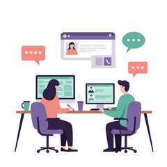 Two people working at computers and communicating via chat bubbles  