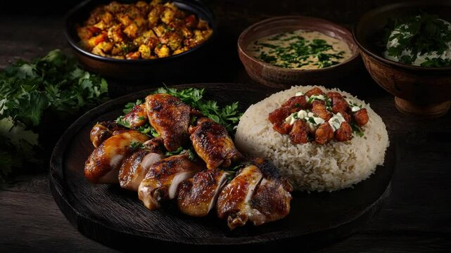 A variety of grilled African dishes served on a wooden table, including flavored rice and kebabs with cumin sauce.