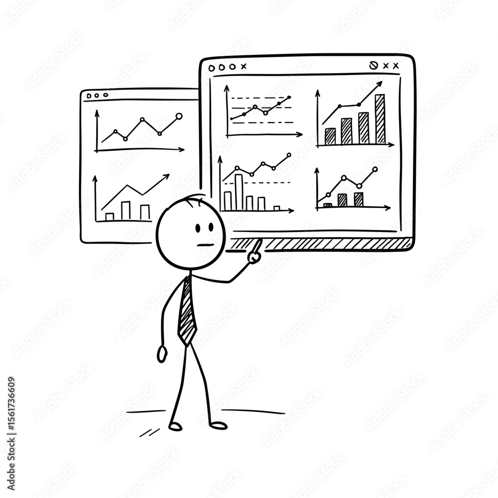 Poster stick figure pointing at graphs on digital screens in office setting