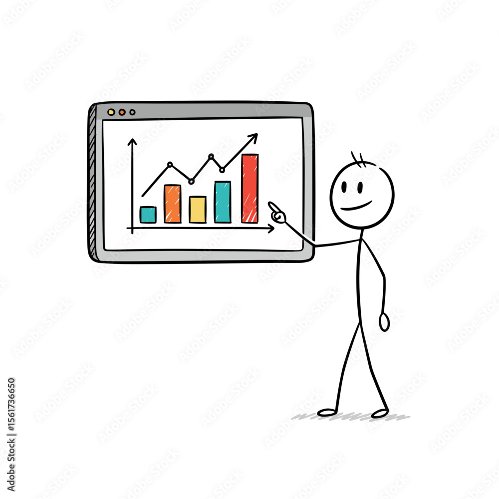 Poster stick figure presenting colorful bar graph on digital screen
