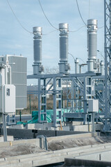 Modern new power station. The equipment used to raise or lower voltage, high voltage power station. Electrical Transformer	
