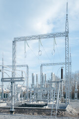 Modern new power station. The equipment used to raise or lower voltage, high voltage power station. Electrical Transformer	
