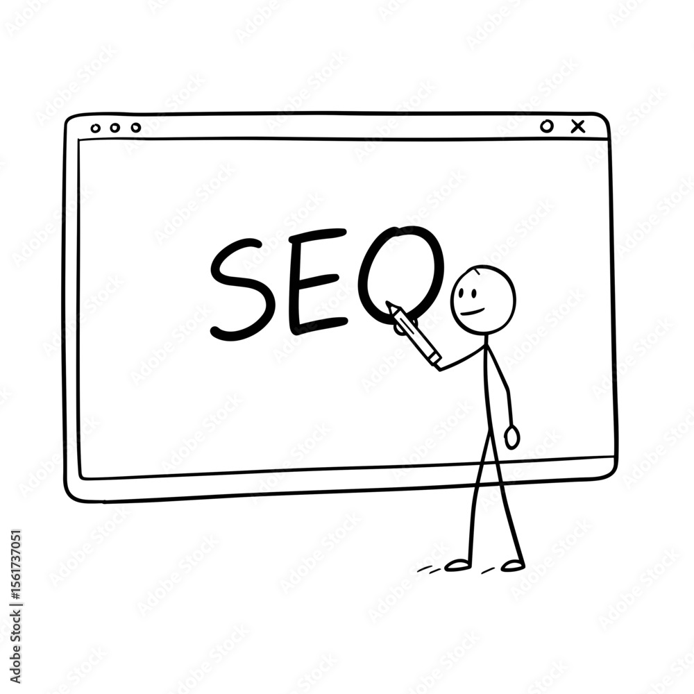 Poster stick figure writing seo on computer screen in doodle style