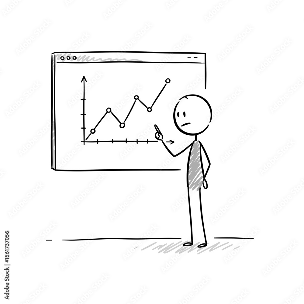 Poster stick figure presenting growth chart on screen in simple style