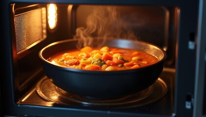 Hearty vegetable soup bowl reheats in microwave. Steam, condensation on microwave walls. Cooking, food preparation concept. Comfort food, quick meal, home cooking. Reheating lunch, dinner.