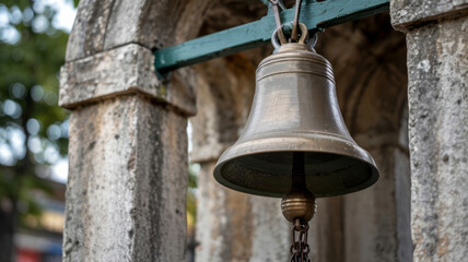 Fototapeta premium Old bronze church bell hanging outside a stone structure calls to worshipers in a tranquil, vintage setting.