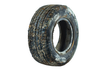 Old black tire showing deep treads and rugged roadwear damage.