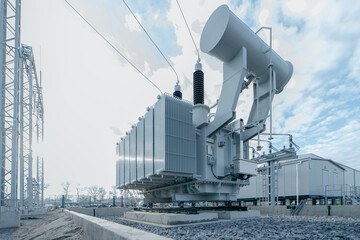 Modern new power station. The equipment used to raise or lower voltage, high voltage power station....