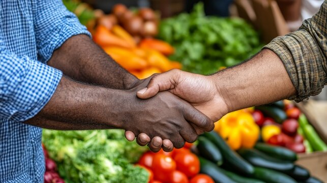 Partnership in Promoting Fresh Food at a Green Grocer, Handshaking Over Fresh Vegetables