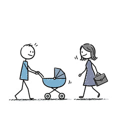 Man pushing stroller while woman walks by carrying briefcase  