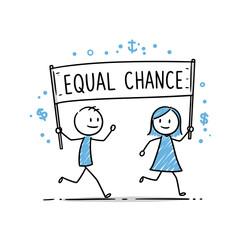 Stick figures running with banner promoting equal chance for all  