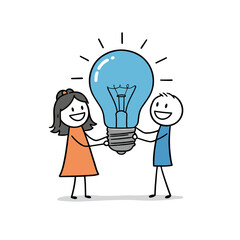Stick figures holding a large light bulb with bright idea concept  