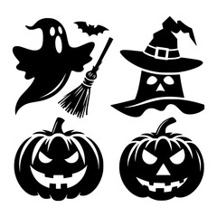 Fototapeta premium Spooky halloween icons featuring a ghost witch hat pumpkins and a broomstick