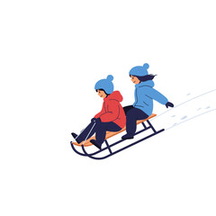 Two children sledding down snowy hill in winter clothing  