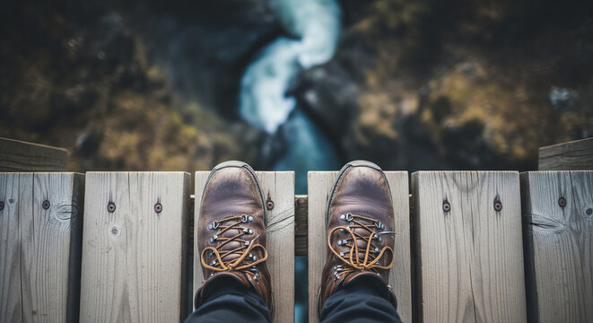 Brown leather boots on wooden planks, overlooking blurred water and rocks. Image conveys adventure, travel, and exploration