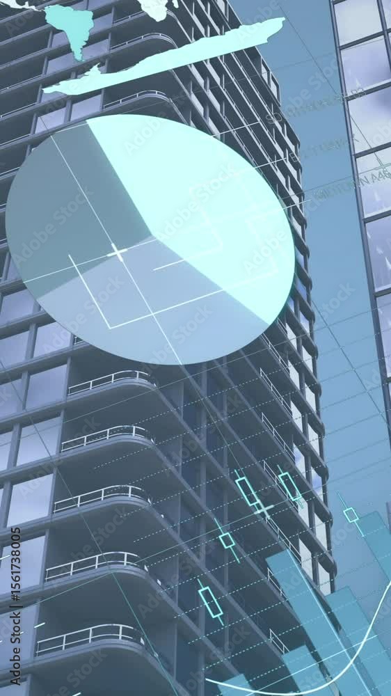Poster animation of statistical data processing against low angle view of tall buildings