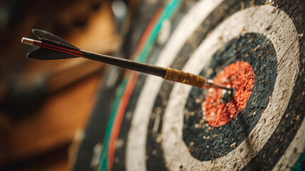 An arrow embedded in the scoring ring of an archery target