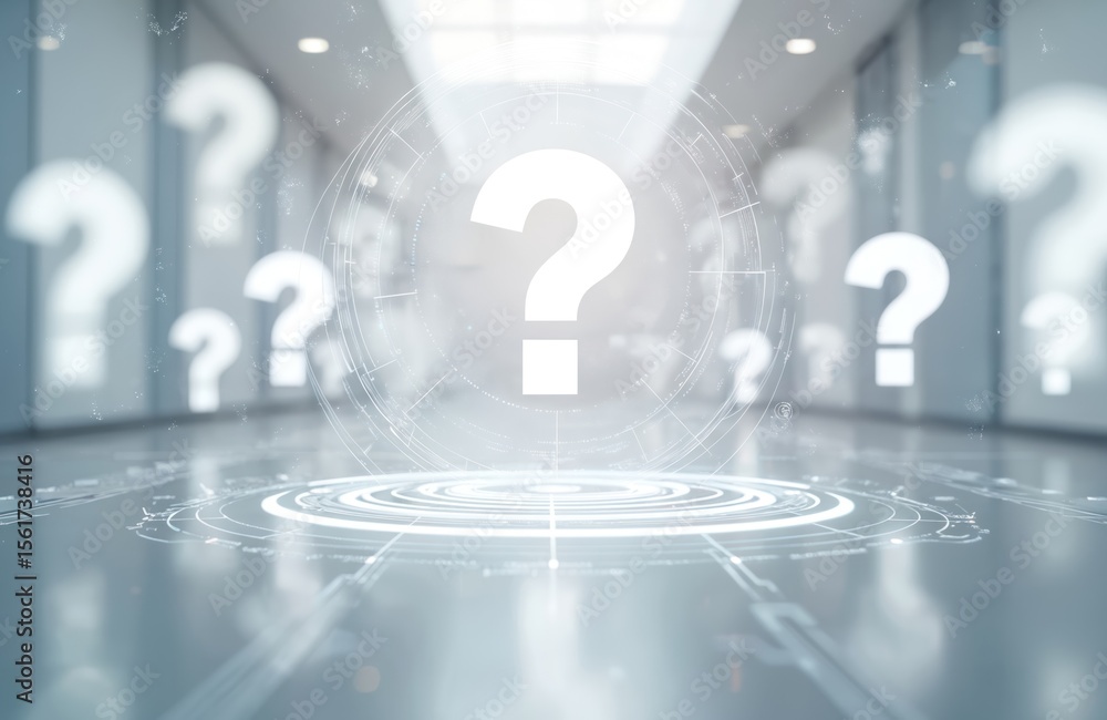Poster abstract virtual question mark hologram interior background. modern tech concept, business future, i