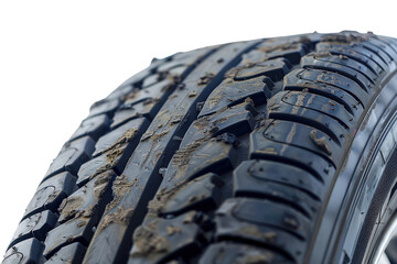 Realistic black rubber tire with visible dirt and rough wear.