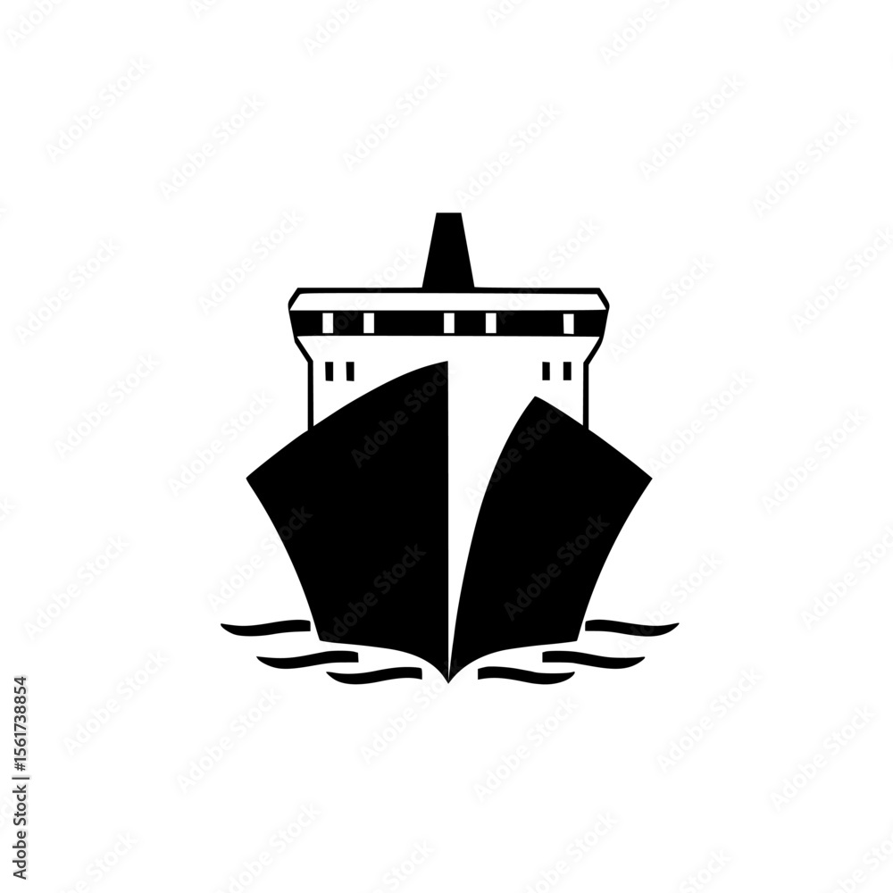 Poster silhouette pictogram of a large ship navigating calm waters with distinct hull design and details