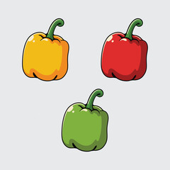 Yellow, Red, and green Bell peppers vegetable isolated cartoon illustration with a light background