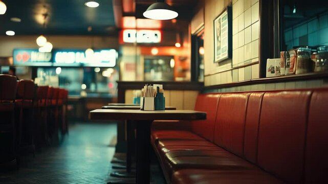 An indoor diner with retro booth seating and table. Bright lighting creates a cozy atmosphere.