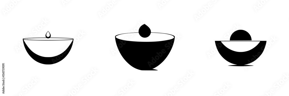 Poster silhouette pictograms depicting three distinct bowl shapes with varying contents isolated on a white