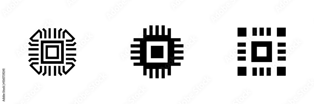 Poster silhouette pictogram of computer microchips in various designs representing technology and digital i