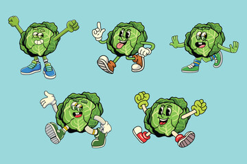 Set of funny cabbage vegetable 70s retro comic cartoon characters