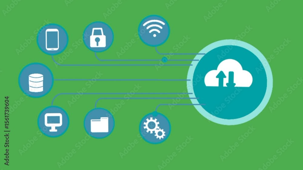 Poster cloud computing concept with digital icons. smartphone, computer, database, security, gear, and wifi