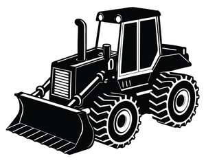 Naklejka premium Black and white illustration of a powerful bulldozer ready for construction work on a white background.