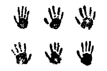 Handprint paint or ink hand stain trace. Hand shape with fingers silhouette, stamp. Set grunge imprints, human fingers and palm 