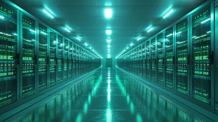 A high-tech financial data center with rows of servers and flashing lights, symbolizing big data analysis