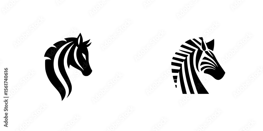 Poster silhouette icons of horse and zebra heads in a minimalistic design for versatile graphic application