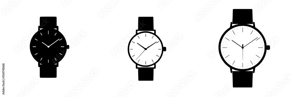 Poster different styles of wristwatches in silhouette vectors showcasing functionality and design variation