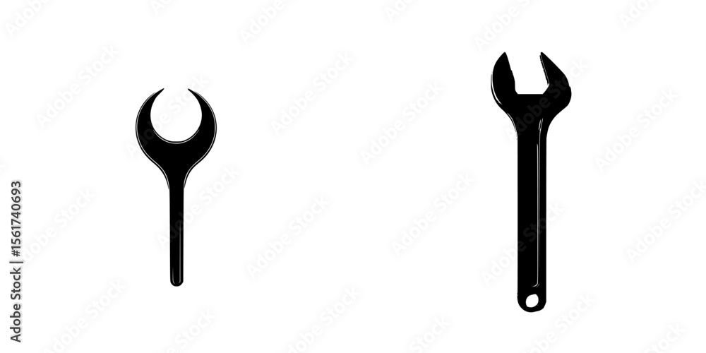 Poster silhouette pictogram of two distinct tool icons including a wrench and a spanner for construction an