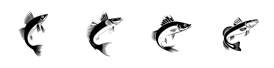 Silhouette pictograms of fish in various poses illustrating aquatic life in a stylized design