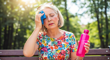 Mature woman suffering from a hot flash or heat exhaustion in a park, wiping her forehead. Menopause and summer heatwave health issues. Hydration concept